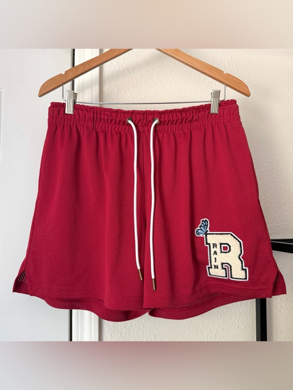 RYOKO RAIN red basketball‎ mesh logo butterfly patch athletic pull on shorts